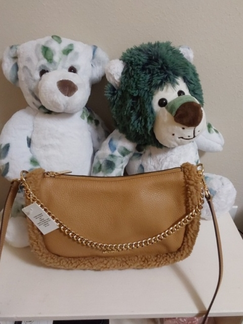NWT Michael Kors Camel Tan Shearling-Trim Shoulder Bag with Gold Chain